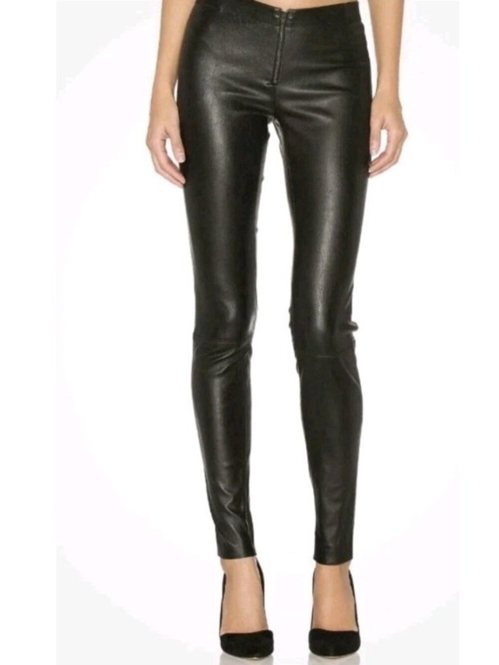 Alice + Olivia Lambskin Leather Front Zip Leggings Sz 4 Made USA Black Skinny